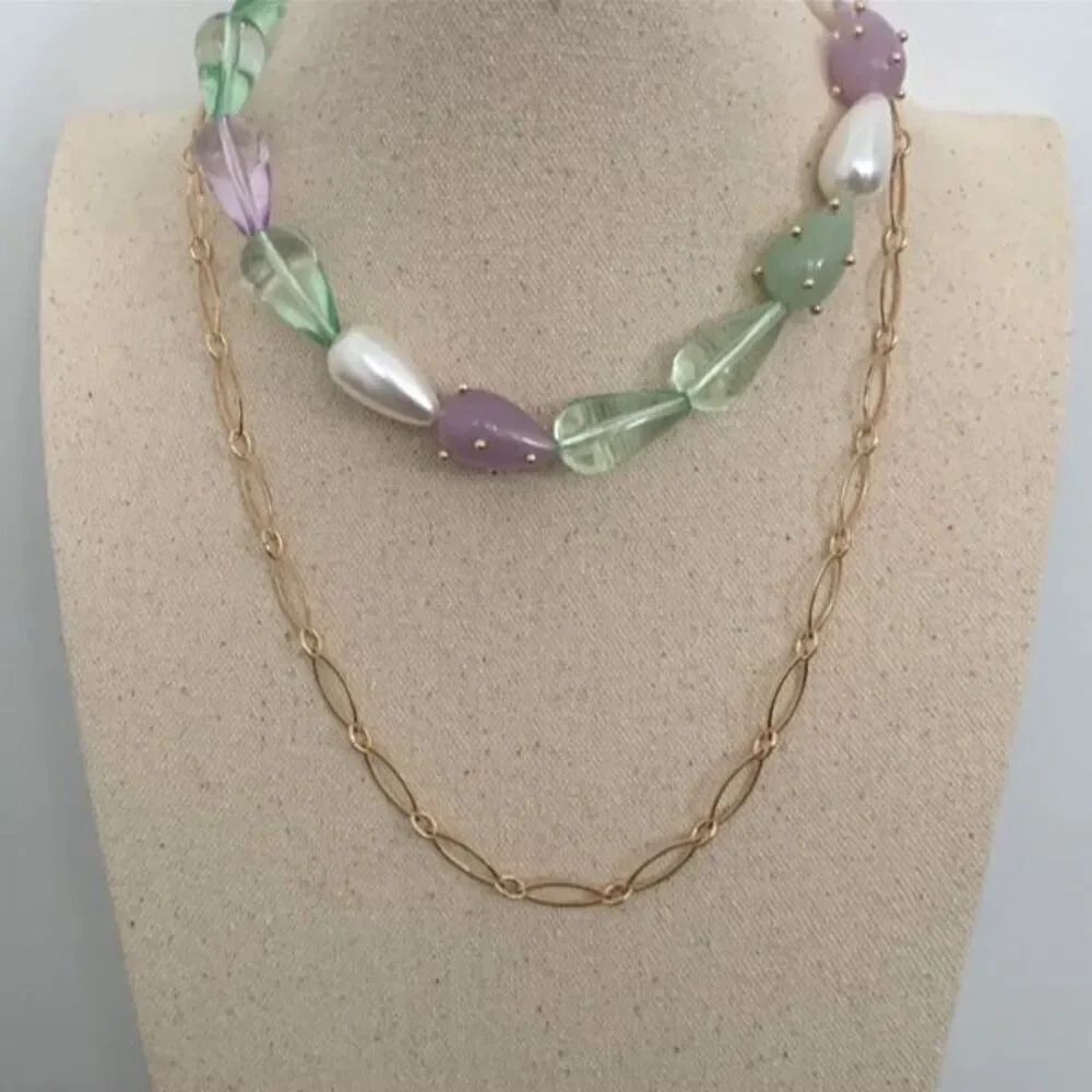 Layered Necklace Duo – Gold Tone Chain + Pastel Teardrop Beads